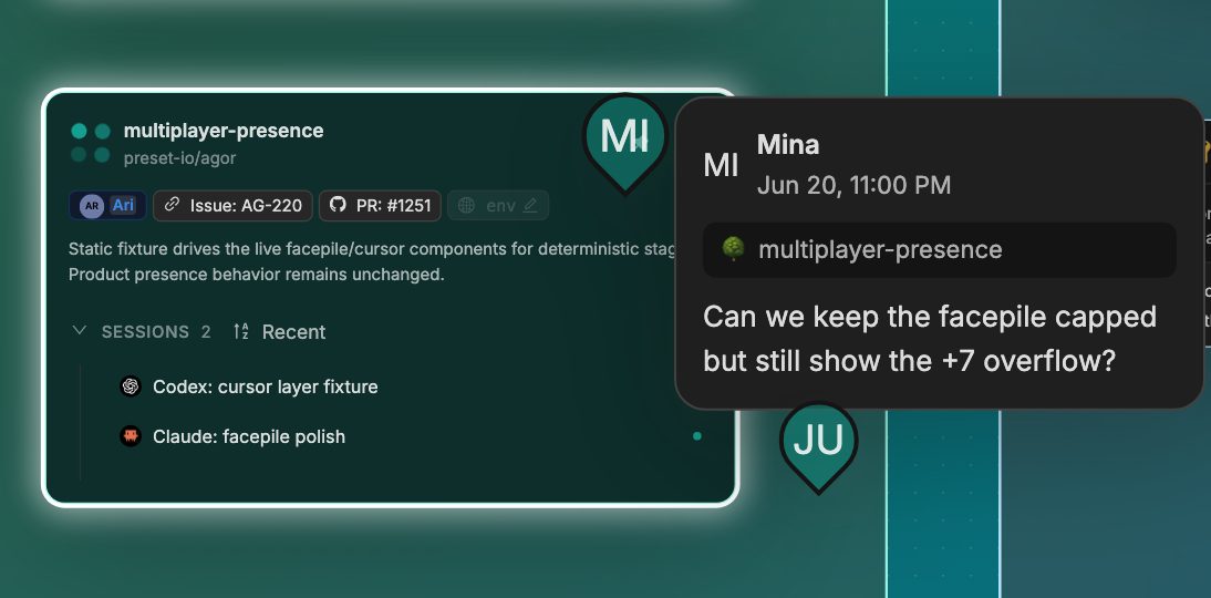 Screenshot of the Agor AI agent workspace interface