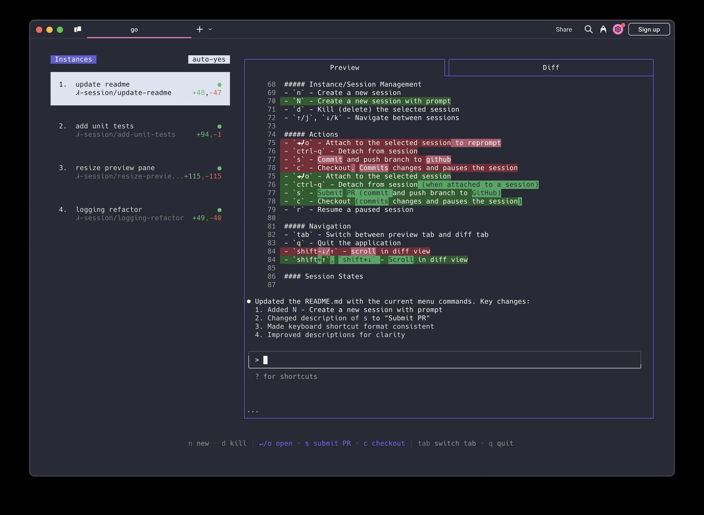Screenshot of the Claude Squad AI agent workspace interface