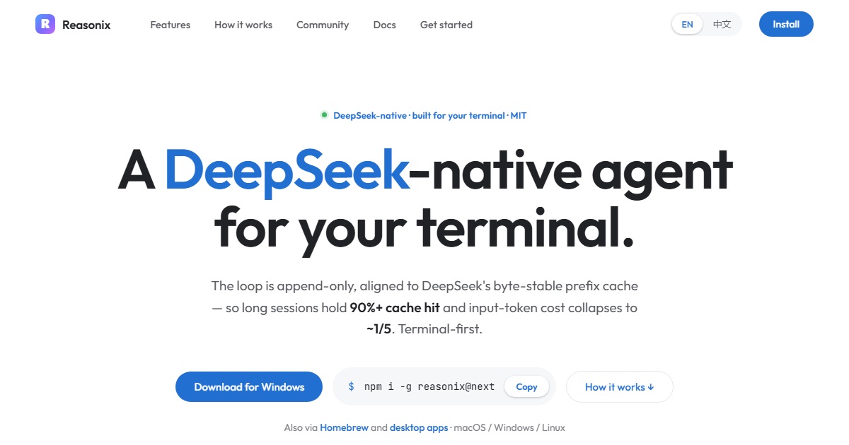 DeepSeek-Reasonix, command-line coding agent, as shown on its official site