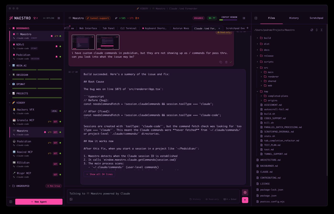 Screenshot of the Maestro AI agent workspace interface