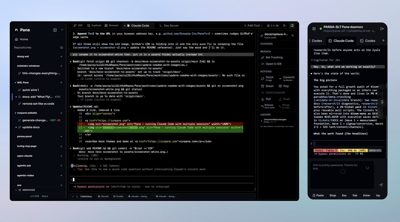 Screenshot of the Pane AI agent workspace interface
