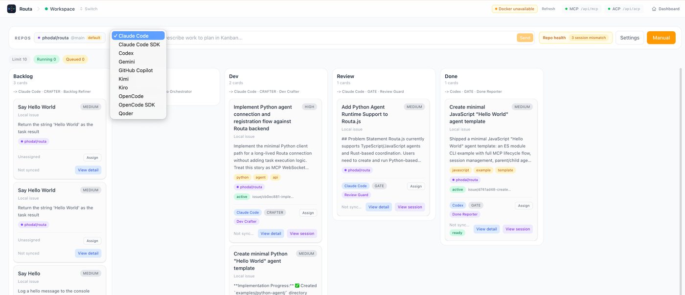 Screenshot of the Routa AI agent workspace interface