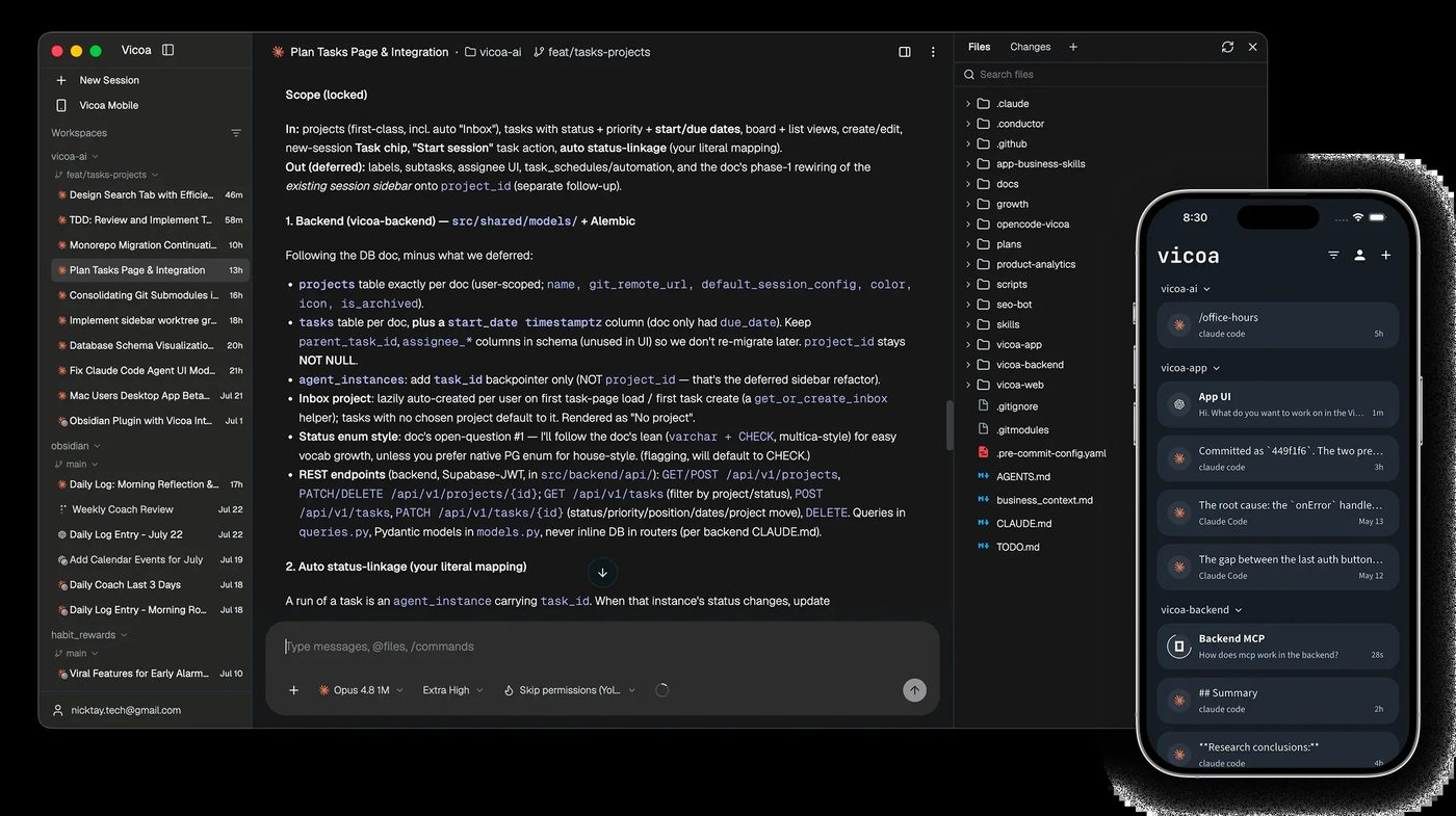 Screenshot of the Vicoa AI agent workspace interface